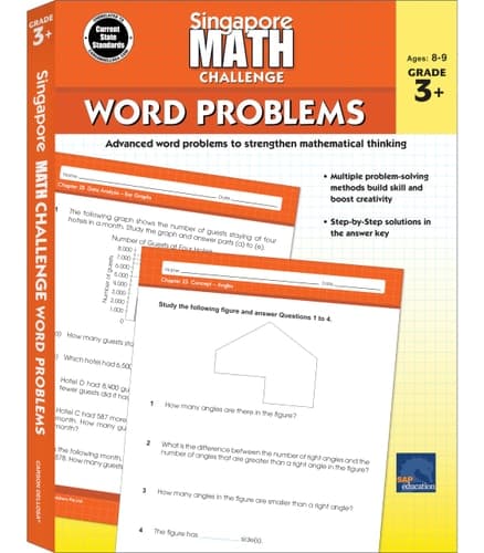 Singapore Math - Challenge Word Problems Workbook for 3rd, 4th, 5th Grade Math, Paperback, Ages 8-9 with Answer Key